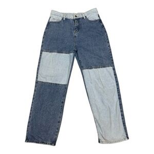 High Waist 2 Tone Denim Patchwork Boyfriend Jeans Straight Leg Large